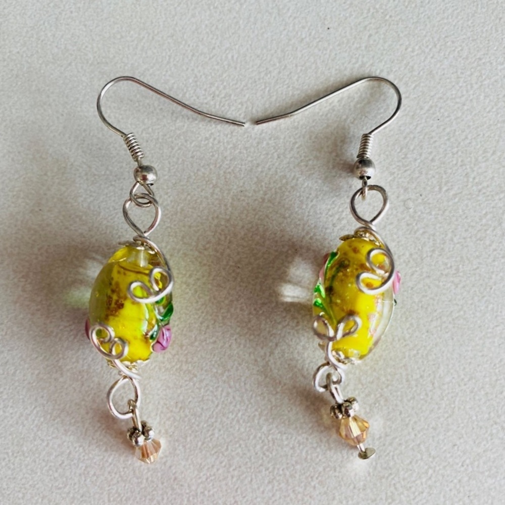 Yellow murano glass wire wrapped earrings